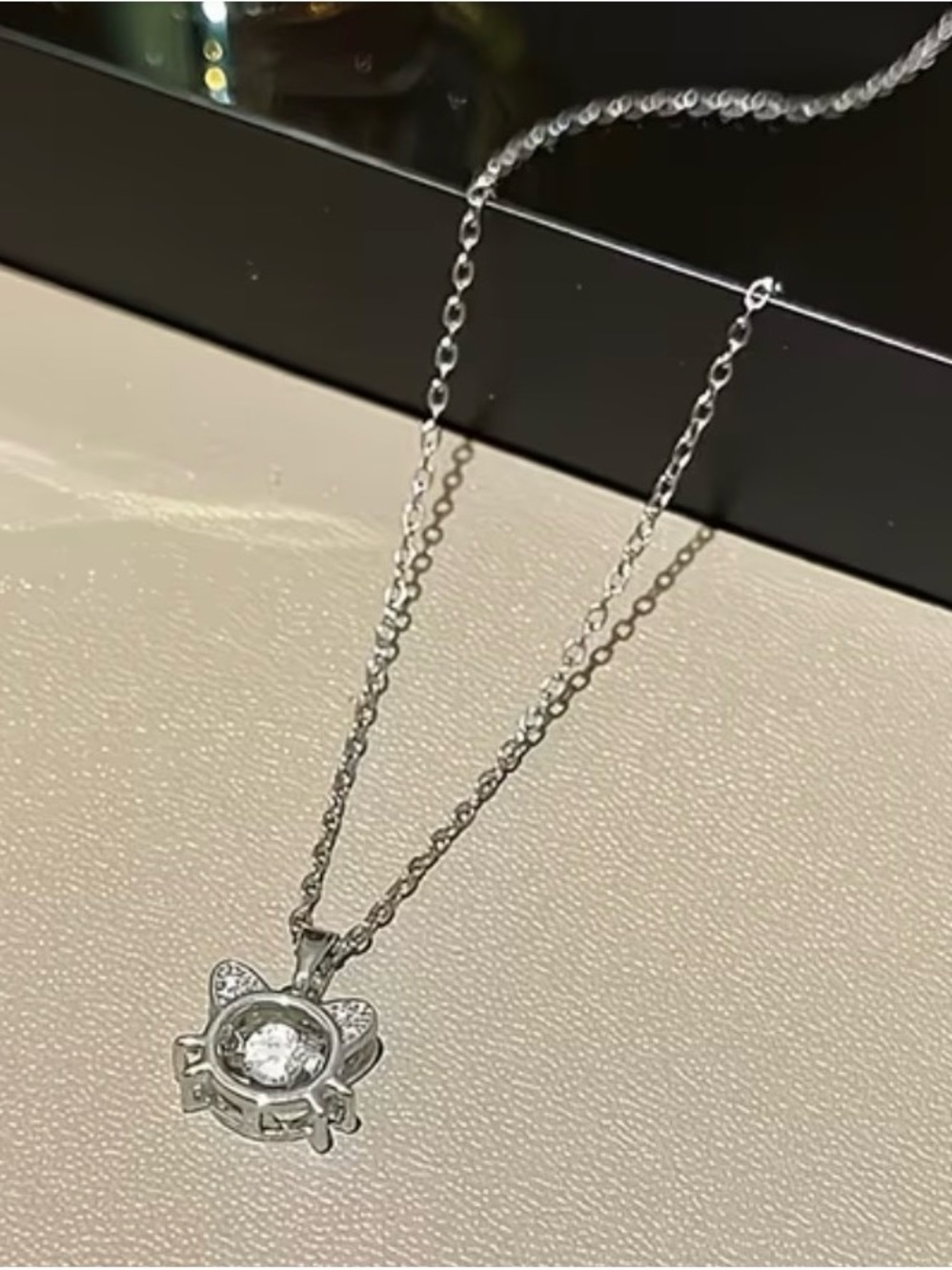 Delicate Silver Cat Pendant Necklace with Clear Stone - Picture 3 of 5